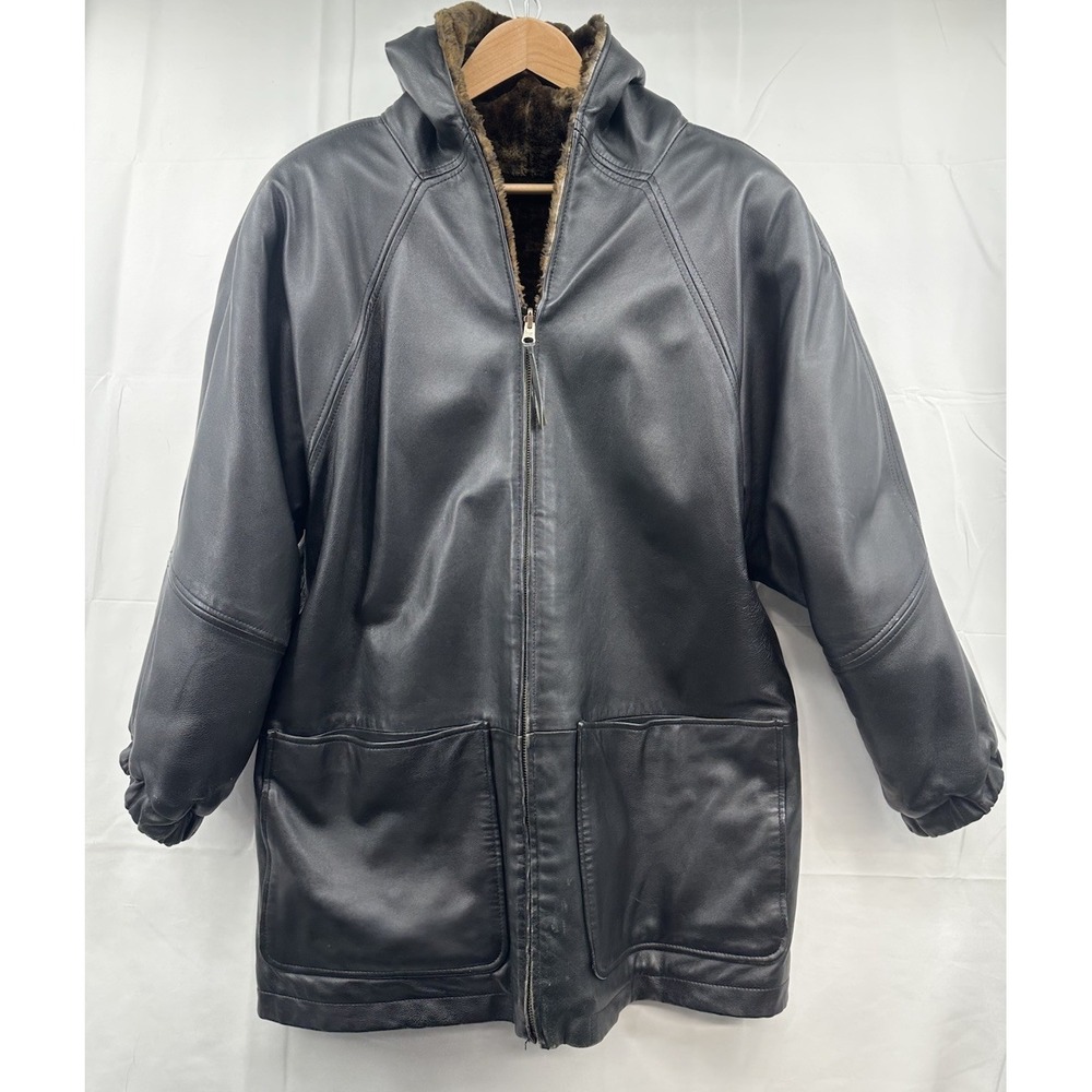 Izzi LEATHER HOODED Full Zip Lined Jacket Women's M Butter Soft Black Coat Warm